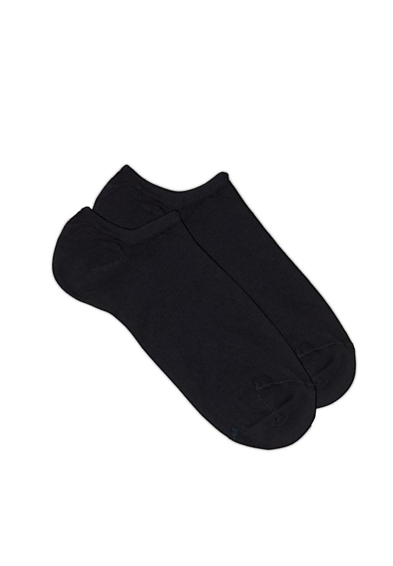 Schwarze Knöchelsocken aus einer weichen Baumwollmischung, mit glatter Textur, elastischen Bündchen sowie verstärkten Zehen und Fersen für Langlebigkeit.