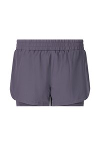 Lila idrottsshorts med elastisk midja, med en lös, lager på lager-design och mjuk textur. Inga synliga mönster eller detaljer.
