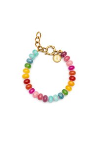 Colorful beaded bracelet made of smooth, rounded glass beads in assorted colors. Features a gold-tone chain and clasp with a circular charm.