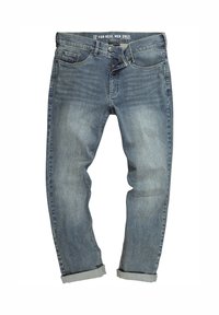 Jeans de mezclilla azul claro con un acabado desgastado, con pierna recta, puños enrollados, bolsillos delanteros y una etiqueta de cuero en la cinturilla.