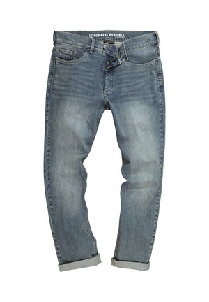 Svetle modré džínové kalhoty s vybledlým povrchem, rovného střihu, s ohrnutými manžetami, předními kapsami a koženou nášivkou na pase.