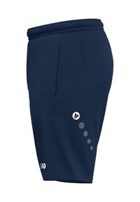 Marineblauwe sportshorts gemaakt van vochtafvoerende stof. Bevat een elastische tailleband, zijzakken en een wit logo met stipaccenten.