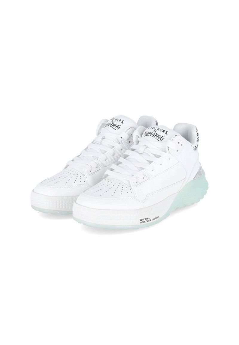 White sneakers with a textured leather upper, perforations for breathability, clear rubber sole, and branded details on the tongue and sides.