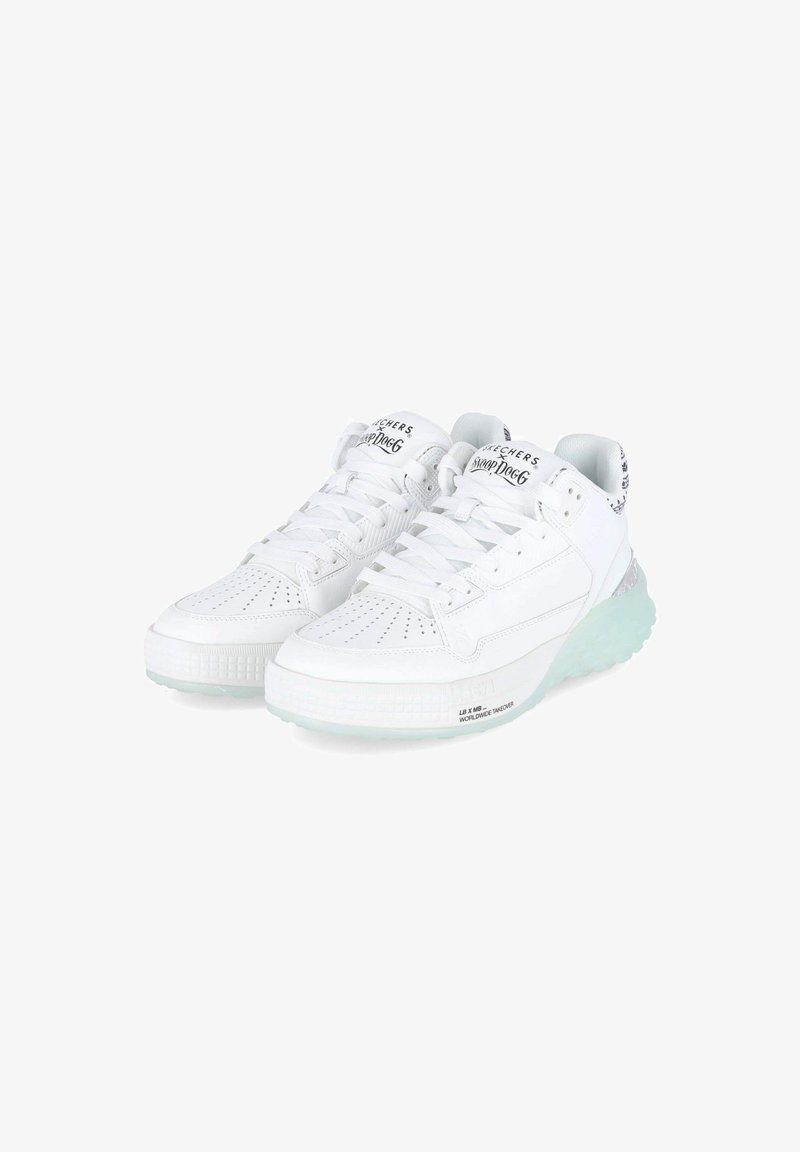 White sneakers with a textured leather upper, perforations for breathability, clear rubber sole, and branded details on the tongue and sides.