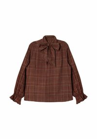 Blusa de cuadros marrón con botones, con un lazo en el collar y puños con volantes, que presenta un corte relajado y una tela ligera.
