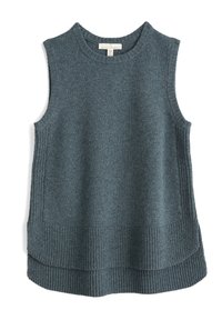 Ärmelloser Pullover in dunklem Türkis, aus einem Woll-Mischgewebe. Verfügt über einen gerippten Saum und Schulternähte, mit einem geschichteten Design am unteren Ende.