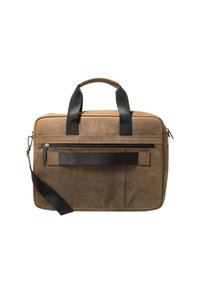 Borsa per laptop in pelle marrone con manici in tessuto neri e tracolla staccabile; presenta una tasca frontale con zip e un accento in webbing orizzontale.