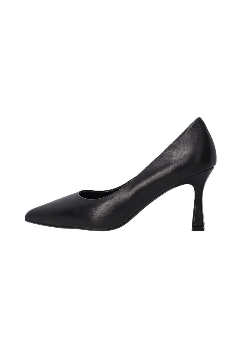 Black leather high-heeled pump with a pointed toe and a slender, angular heel. Smooth texture with a glossy finish. No embellishments.