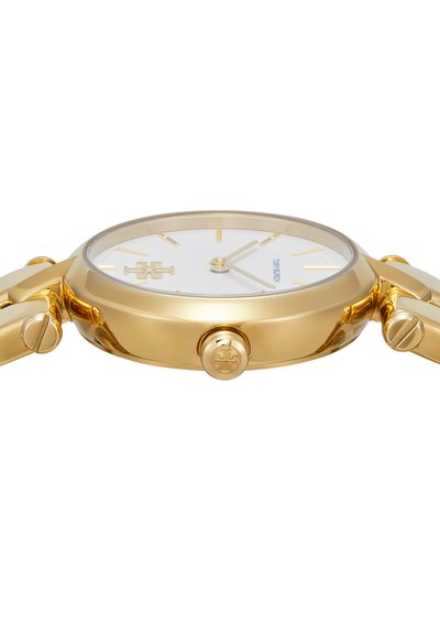 Gold-tone watch with a round white dial, gold hour markers, and a textured link bracelet. Features a crown and logo detail on the case.
