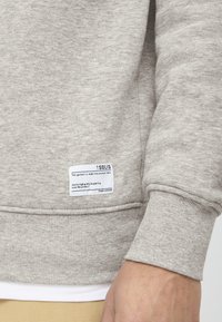 Lys grå collegegenser med ribbede mansjetter, laget av premium stoff. Har en etikett med vasketips sydd fast på den fremre kanten.