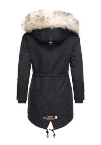 Giacca parka nera con cappuccio in pelliccia sintetica, vita con cordoncino, toppe a forma di diamante e dettagli con bottoni a pressione all'orlo.