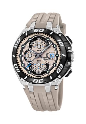 Okrągły zegarek Festina Chrono Bike z beżową tarczą, czarnym bezelem oznaczonym co 10 minut, trzema subtarczami, wyświetlaczem daty i beżowym silikonowym paskiem.