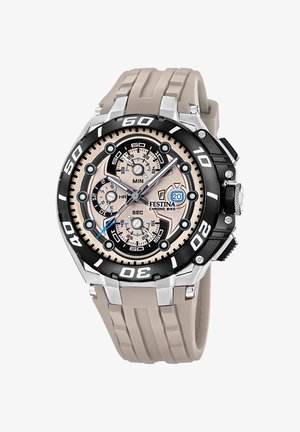 Okrągły zegarek Festina Chrono Bike z beżową tarczą, czarnym bezelem oznaczonym co 10 minut, trzema subtarczami, wyświetlaczem daty i beżowym silikonowym paskiem.