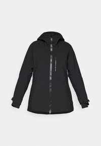 Black waterproof jacket with a zippered front, hood, and side pockets. Features long sleeves with adjustable cuffs and a sleek design.