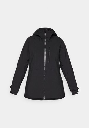 Black waterproof jacket with a zippered front, hood, and side pockets. Features long sleeves with adjustable cuffs and a sleek design.