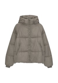 Zateplená bunda v tlumené olivově zelené barvě, s kapucí, zipem vpředu a dvěma postranními kapsami. Hladký povrch s prošívaným designem a elastickými manžetami.
