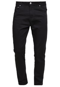 Pantalon noir slim en tissu mélangé coton, avec cinq poches, fermeture à boutons sur le devant, et détails de couture subtils.