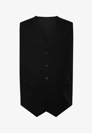 Sort vest med V-hals-design, der har seks knapper, to forlommer og en glat, blød stofstruktur.