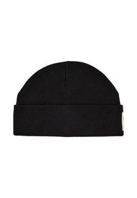 Berretto di maglia nero con risvolto. Presenta una texture liscia, una parte superiore arrotondata e un piccolo tag decorativo sul lato.