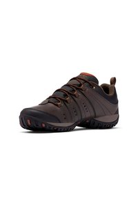 Zapato de senderismo bajo en marrón y negro con suela robusta, cordones en la parte delantera y cuello acolchado, inclinado ligeramente para mostrar el costado exterior y la punta.