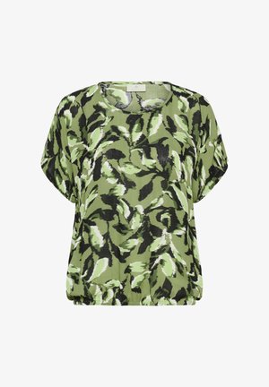 Roheline lühikeste varrukatega top, millel on lehemustriline disain erinevates rohelise ja musta toonides, lahti kroonis ja ümmarguse kaelusega.