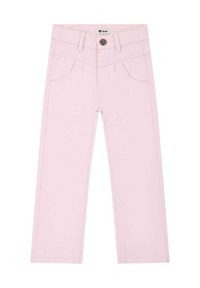 Pantalon en coton rose clair à coupe droite, avec deux poches avant et un bouton de fermeture à la taille.