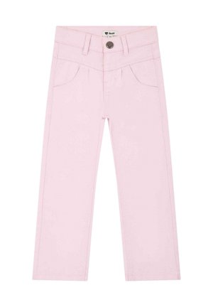 Helle rosa Baumwollhose mit geradem Schnitt, zwei vorderen Taschen und einem einzigen Knopfverschluss an der Taille.