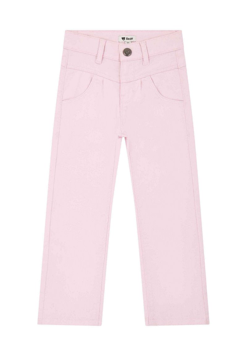 Pantalon en coton rose clair à coupe droite, avec deux poches avant et un bouton de fermeture à la taille.