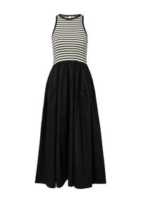 Ärmelloses Kleid mit einem schwarz-weißen gestreiften Oberteil, einem gerafften schwarzen Rock, Seitentaschen und einer lockeren Passform.