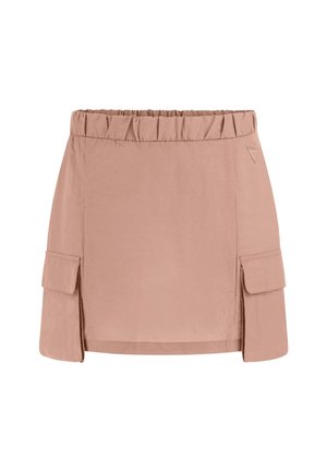 Roze cargorok met een gerimpelde tailleband, zijzakken en een rechte snit. Gemaakt van lichte stof met een gladde textuur.