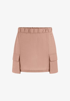 Falda cargo rosa con una cinturilla con volantes, bolsillos laterales y un corte recto. Fabricada en una tela ligera con una textura suave.