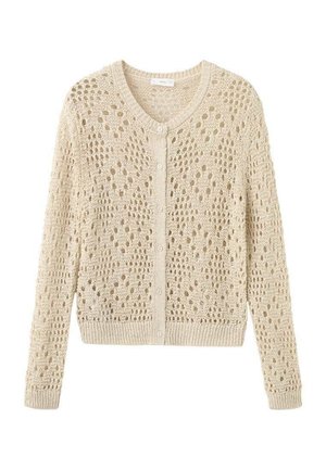 Gestrickte beige Strickjacke mit strukturiertem Lochmuster, rundem Ausschnitt, langen Ärmeln und einer vorderen Knopfleiste.