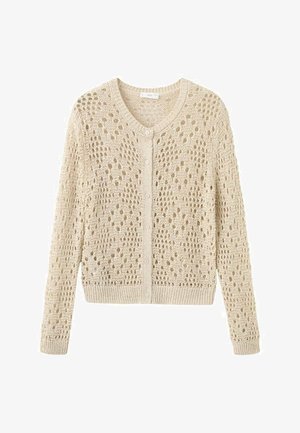 Neulottu beige neuletakki, jossa on teksturoitu pitsikuvio, pyöreä pääntie, pitkät hihat ja edessä nappikiinnitys.