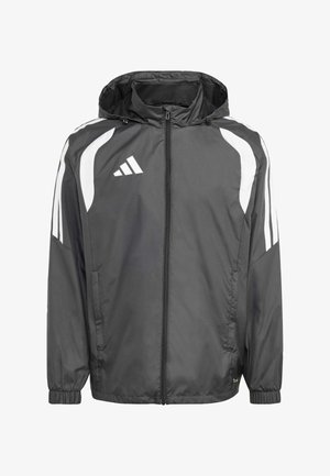 Graue Windbreaker-Jacke mit Kapuze, die weiße Akzente und drei weiße Streifen auf den Schultern hat, aus leichtem Material gefertigt.