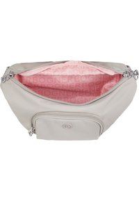 Vaaleanharmaa kangaskassi, jossa vaaleanpunainen kuviollinen sisusta, vetoketjullinen lokero ja etupuolella vetoketjutasku. Hopeanväriset metalliosat.