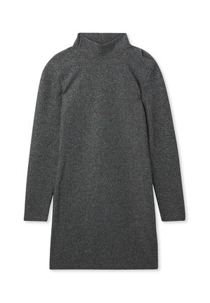 Abito tunica lungo grigio scuro con colletto alto. Realizzato in un tessuto testurizzato e luccicante. Presenta maniche raglan e spacco laterale.