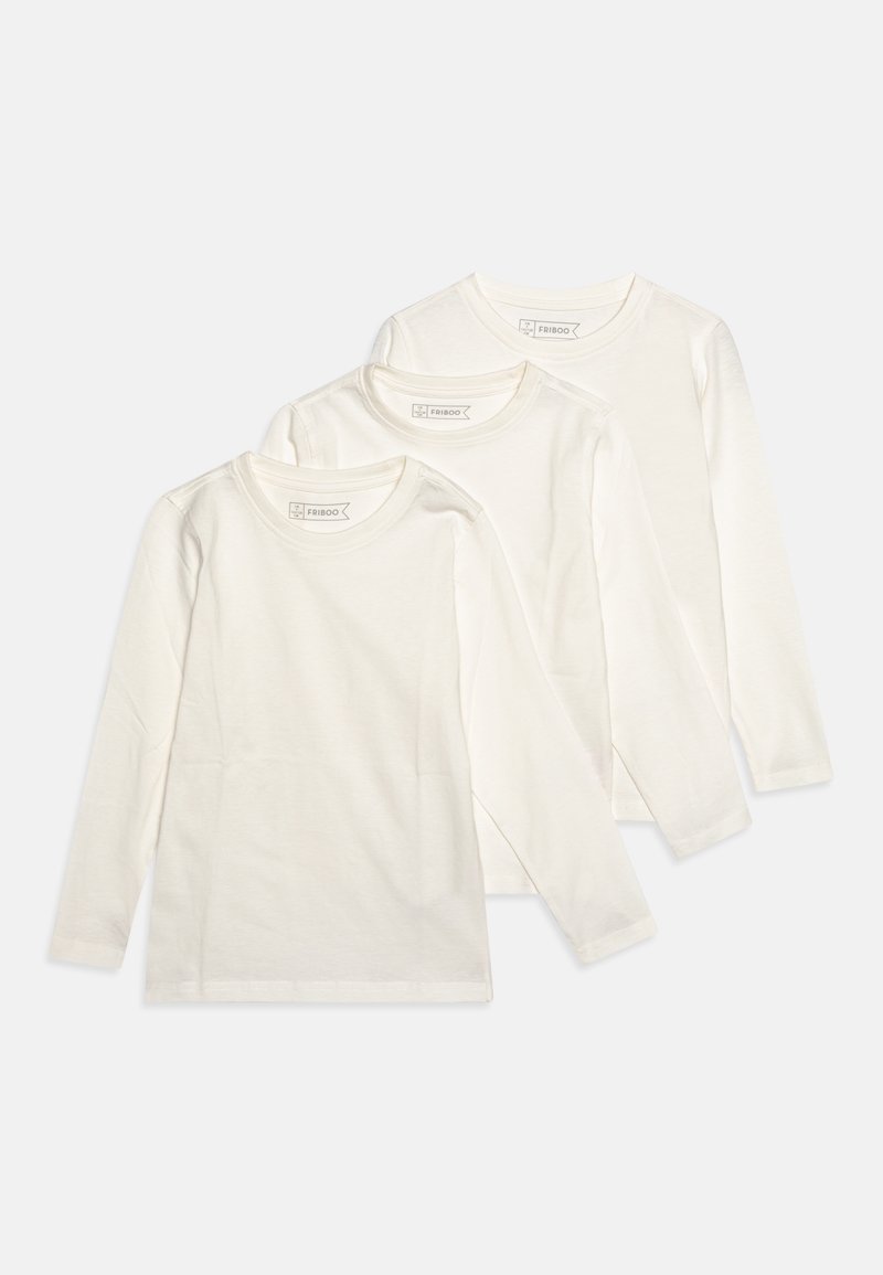 Drei langärmelige Oberteile in Off-White, aus weichem Baumwollstoff. Jedes hat einen runden Ausschnitt und minimale Nähedetails.