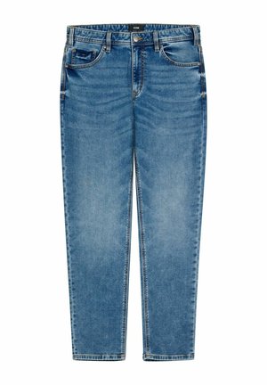 Niebieskie dżinsy z klasycznym pięciokieszeniowym krojem, zapięciem na guziki i prostą nogawką, z subtelnym efektem sprania.