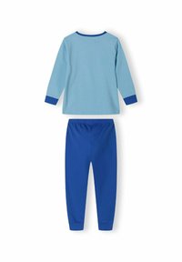 Lichtblauwe lange mouwtop met blauwe manchetten, gecombineerd met blauwe elastische taillebroek. Zachtkatoenen materiaal. Eenvoudig ontwerp zonder patronen.
