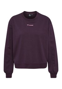 Paarse sweatshirt van zacht materiaal, met een ronde hals, lange mouwen en een subtiele roze logo op de borst. Elastische manchetten aan de mouwen.