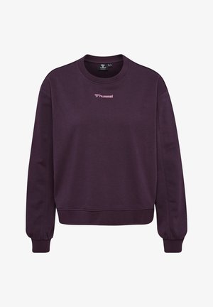 Lilla sweatshirt lavet af blødt materiale, med rund hals, lange ærmer og et subtilt lyserødt logo på brystet. Elastiske manchetter ved ærmerne.