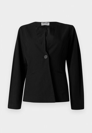 Schwarze taillierte Blazerjacke mit langen Ärmeln, Ein-Knopf-Verschluss und zwei vorderen Schlitztaschen, präsentiert auf einem weißen Hintergrund.