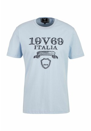 Light blue cotton t-shirt featuring a printed design with "19V69 ITALIA" and a shield graphic. Short sleeves and crew neckline.