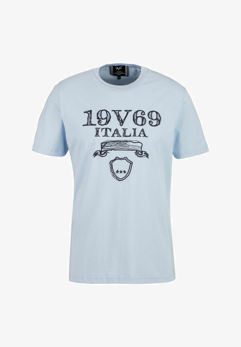 Hellblaues Baumwoll-T-Shirt mit einem Druckdesign, das "19V69 ITALIA" und ein Wappen-Graphic zeigt. Kurze Ärmel und runder Halsausschnitt.