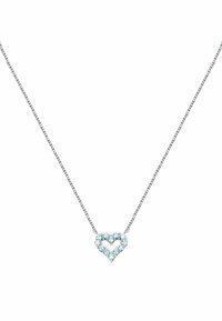 Collana a forma di cuore in metallo argento, decorata con pietre preziose blu chiaro, con una delicata catena e un design testurizzato.