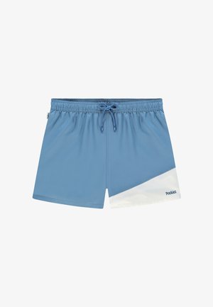 Costumi da bagno blu realizzati in tessuto leggero, con una cintura elastica dotata di cordino e un pannello angolato bianco con il marchio.