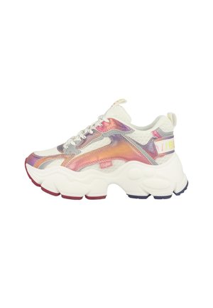 Chunky white sneaker with iridescent pink and purple panels, thick textured sole, white laces, and pull tabs on tongue and heel.