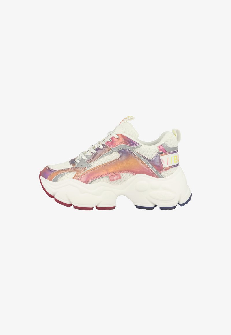 Chunky white sneaker with iridescent pink and purple panels, thick textured sole, white laces, and pull tabs on tongue and heel.