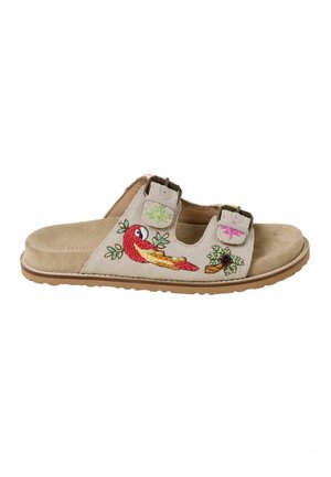 Beige slide sandal with double buckle straps, featuring embroidered red bird, green leaves, and floral designs on fabric upper.