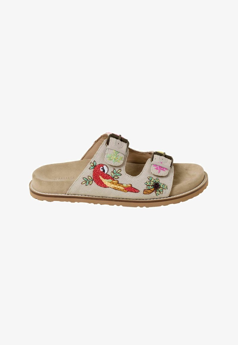 Beige slide sandal with double buckle straps, featuring embroidered red bird, green leaves, and floral designs on fabric upper.